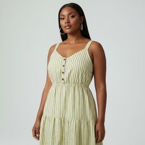 Sonoma Green Striped Linen Blend Tiered Midi Dress w/ Pockets